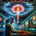 A woman with headphones is working at a computer desk with colorful neural network and brain visualization graphics above her.