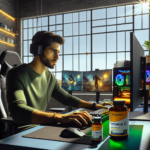 Man engaged in gaming at a desk with multiple monitors and vitamin supplements.