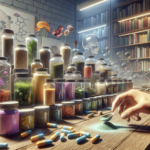 A hand holding a spoon with a powder above a table filled with various jars of herbs, plants, and capsules in a laboratory or apothecary setting.