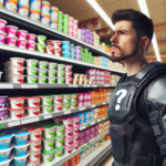 A man in futuristic armor looking perplexed in a grocery store aisle with shelves full of yogurt.