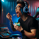 A gamer wearing headphones eats from a bowl in a neon-lit room.
