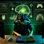 A gamer intensely focused on a computer game, surrounded by holographic displays of medical images and brain activity scans.