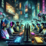 Gamers engaged in an intense session in a neon-lit cyberpunk setting.
