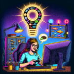 A colorful illustration of a person with headphones using a computer at a desk, surrounded by symbols of ideas and creativity against a dark background.