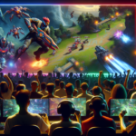 A vibrant esports event with spectators watching players compete in a science fiction-themed video game.