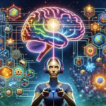 Woman with headphones holding a game controller immersed in a vibrant and fantastical digital world emanating from her brain, symbolizing creativity and the fusion of technology and human imagination.
