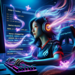 A female gamer with headphones is focused on her screen with vibrant blue and pink lighting surrounding her.