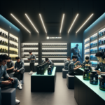 Modern supplement store with customers and staff, featuring a futuristic design and a robot in the background.