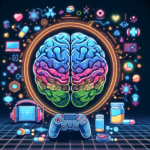 A vibrant digital illustration of a human brain surrounded by icons representing technology, gaming, medicine, and science on a neon grid background.