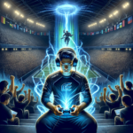 A focused gamer wearing headphones playing a video game in a vibrant esports arena illuminated by dynamic lighting effects, with an avatar being summoned into virtual battle overhead.