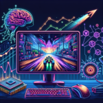 A vibrant digital illustration of a gaming setup with neon futuristic graphics, encompassing themes of technology, artificial intelligence, and advanced computing.