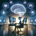 A person sits at a desk with multiple monitors, wearing a headset that's connected to a glowing digital brain with various science and technology icons surrounding it.