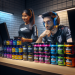 Two gamers with headsets at a desk with rows of nutritional supplement jars in front of them.