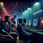 A group of focused gamers wearing headsets in a neon-lit room with multiple computer screens displaying intense gameplay.