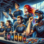 A team of esports players focused on their game, while a coach strategizes in the background amidst various gaming supplements scattered in the forefront.