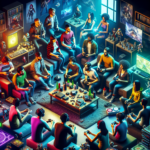 A group of people engaged in a vibrant and colorful gaming session in a room filled with screens, consoles, and pop culture paraphernalia.