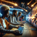 A group of focused gamers intensely engaged in a competitive gaming session with vivid, dynamic graphics unfolding on their screens.