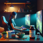 A woman engaged in online gaming at a multi-monitor setup, with snacks and supplements within reach.