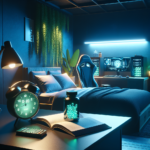 Modern bedroom with gaming setup, including a computer with led lighting, racing style chair, and neon room accents.