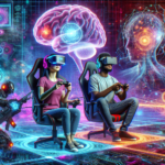 Two individuals engaged in virtual reality gaming with futuristic technology and neon aesthetics.