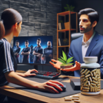Two professionals discussing esports while one holds a small plant and supplements are on the table.