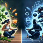 Two individuals engaged in a virtual gaming battle, depicted with contrasting elemental themes of nature and technology.