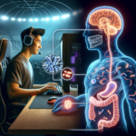 A man wearing headphones using a computer with holographic images of human anatomy and health icons surrounding him, depicting a futuristic health monitoring concept.