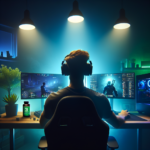 Gamer with headphones playing at a multi-monitor setup in a dimly lit room with ambient blue lighting.