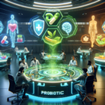 Scientists working in an advanced biotechnology lab with holographic displays of health-related icons.