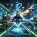 A person immersed in a futuristic virtual reality gaming environment with holographic elements and floating avatars surrounding them.