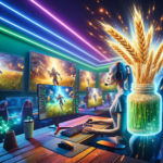 A gamer with a headset plays an immersive game on multiple monitors in a vibrantly lit room, with a stylized jar of glowing wheat on the desk.