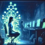 A digital artwork depicting a woman with glowing, tree-like digital connections emanating from her head, sitting contemplatively in a blue-hued room filled with computer screens and tech-related paraphernalia.