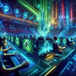 Competitive gamers engaged in an esports tournament with a vibrant digital backdrop.