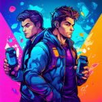 Two stylized male characters with an edgy, neon aesthetic, holding spray paint cans, back-to-back against a vibrant graffiti background.