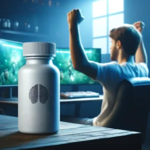A man celebrates a victory at his computer, with a white supplement bottle featuring a brain logo on the table in front.