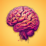 Illustration of a vibrant, stylized human brain in pink and red tones against a yellow background, with ink splatter details.