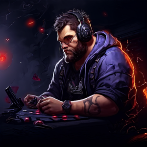 Illustration of a focused male esports champion with a beard, wearing headphones and using a keyboard, set against a dark, atmospheric background with red accents.