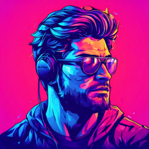 Vibrant digital artwork of a man with headphones, styled in neon pink and blue colors, featuring a detailed, modern look.