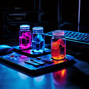Three glass jars with neon-colored liquids, these components of the Thesis Nootropic Stack, sit on an electronic panel beside a keyboard and mouse, casting a vibrant glow perfect for gamers focused on reaping cognitive benefits.